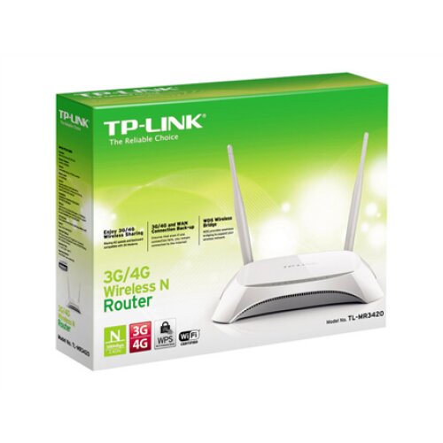 TP-LINK , 3G/4G Router , TL-MR3420 , 802.11n , 300 Mbit/s , 10/100 Mbit/s , Mesh Support No , MU-MiMO No , 3G/4G via optional USB adapter , Antenna type 2xExternal , 1xUSB 2.0