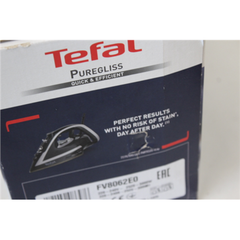 SALE OUT. Tefal FV8062 Puregliss Iron , Black/Grey , TEFAL FV8062 Puregliss , Steam Iron , 3000 W , Water tank capacity 0.27 ml , Continuous steam 50 g/min , Steam boost performance 280 g/min , Black/Grey , DAMAGED PACKAGING, SCRATCHED ON FRONT