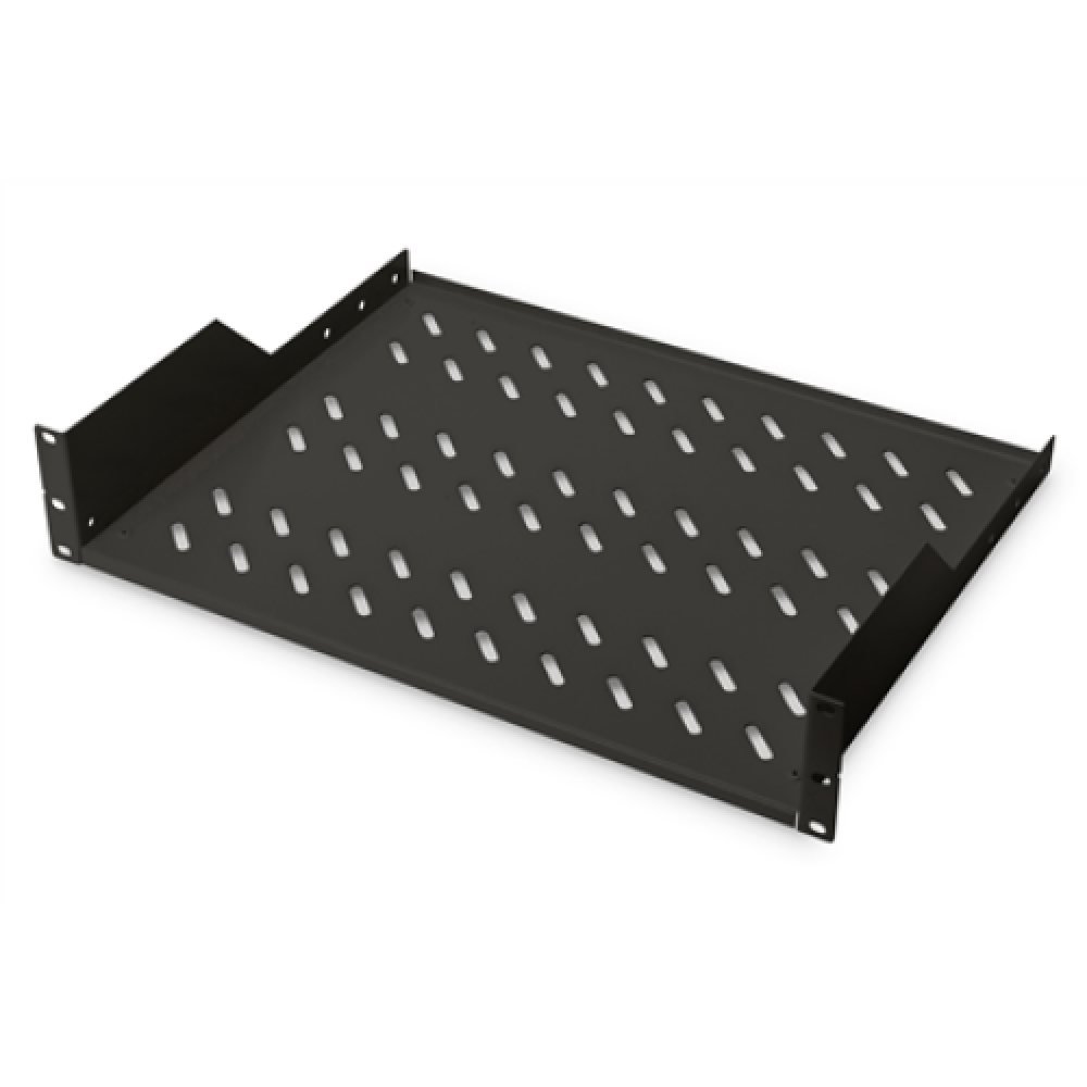 Digitus , 2U Fixed Shelf for Racks , DN-19 TRAY-2-SW , Black , Perfect for storage of components which are not 483 mm (19”) suitable. Slim design which takes space of 2 height units. Easy and quick to mount or dismount. Dimensions 88x482x349 mm, up to 25 