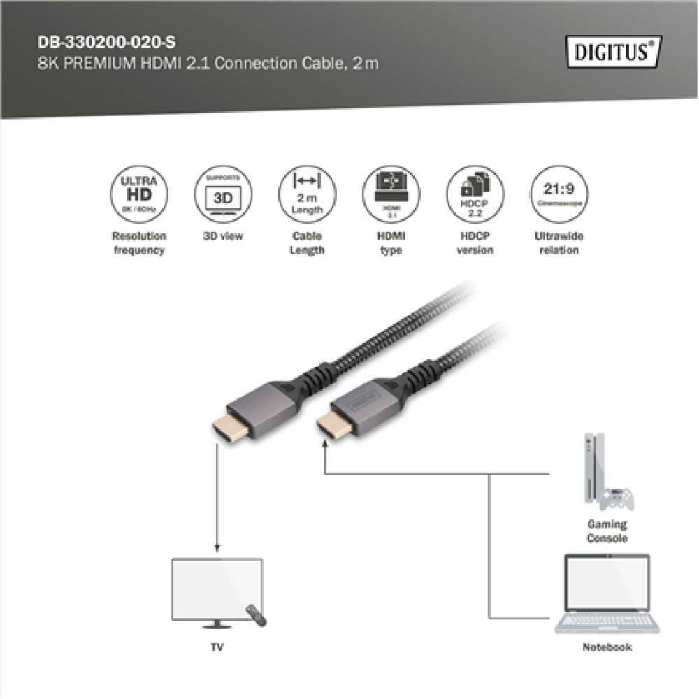 Digitus 8K HDMI Ultra High Speed Connection Cable , DB-330200-020-S , 2 m