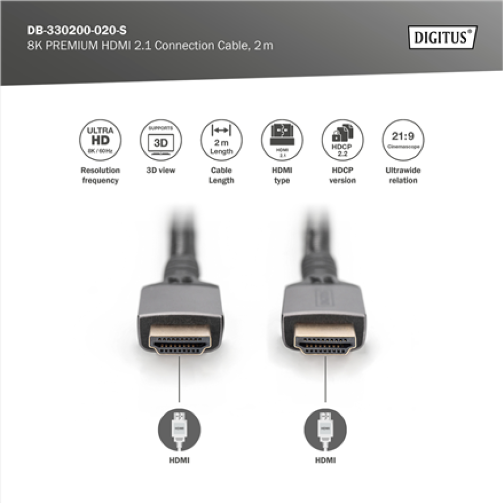 Digitus 8K HDMI Ultra High Speed Connection Cable , DB-330200-020-S , 2 m