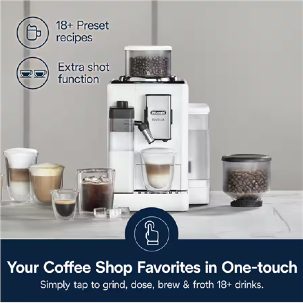 Delonghi , Coffee maker , Rivelia EXAM440.55.W , Pump pressure 19 bar , Built-in milk frother , Fully Automatic , 1450 W , Arctic White