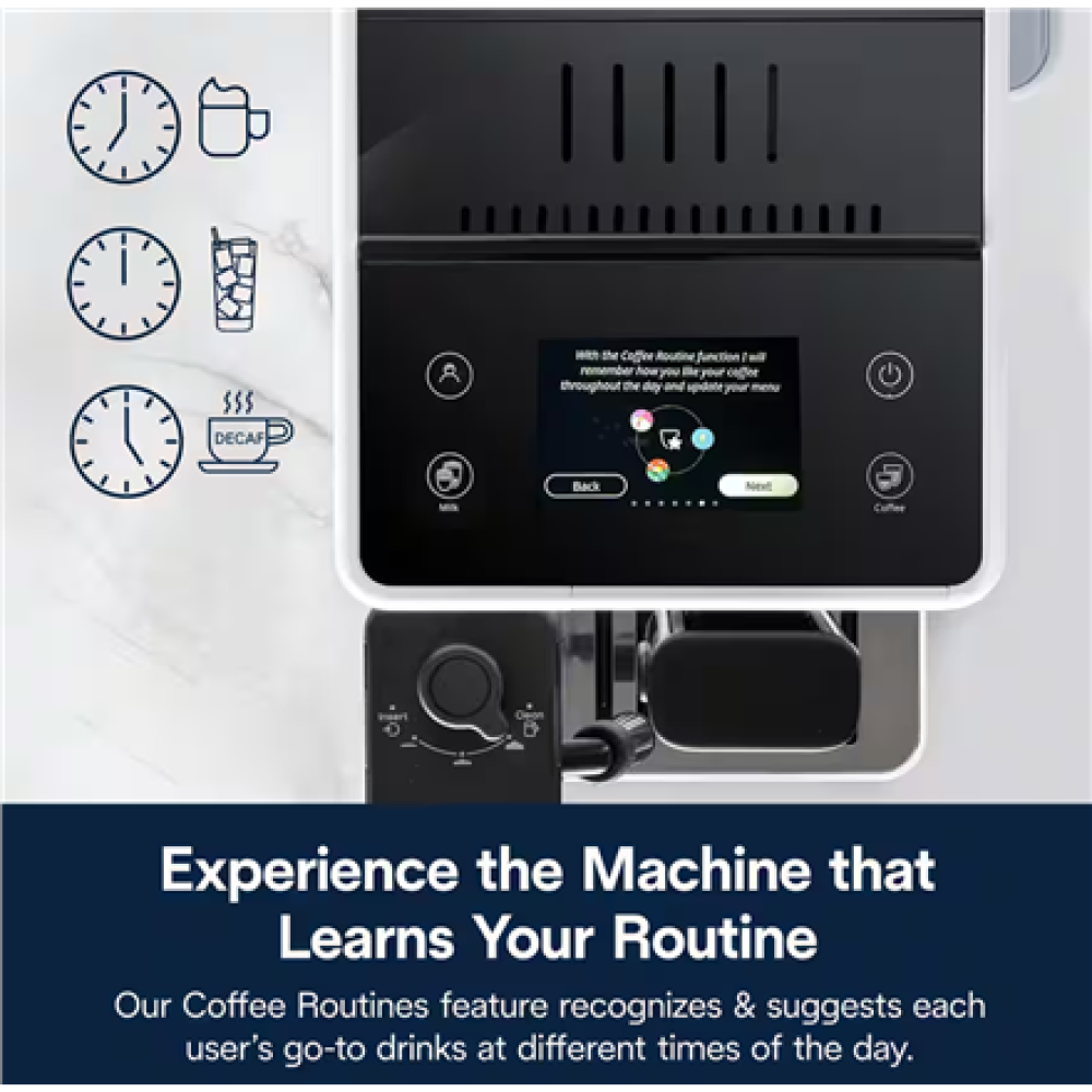 Delonghi , Coffee maker , Rivelia EXAM440.55.W , Pump pressure 19 bar , Built-in milk frother , Fully Automatic , 1450 W , Arctic White