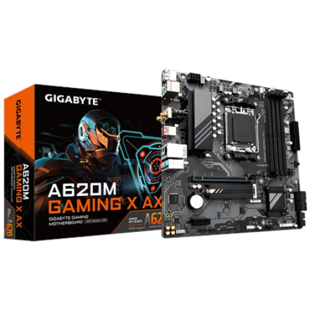 Gigabyte , A620M GAMING X AX 1.0 M/B , Processor family AMD , Processor socket AM5 , DDR5 DIMM , Memory slots 4 , Supported hard disk drive interfaces SATA, M.2 , Number of SATA connectors 4 , Chipset AMD A620 , Micro ATX
