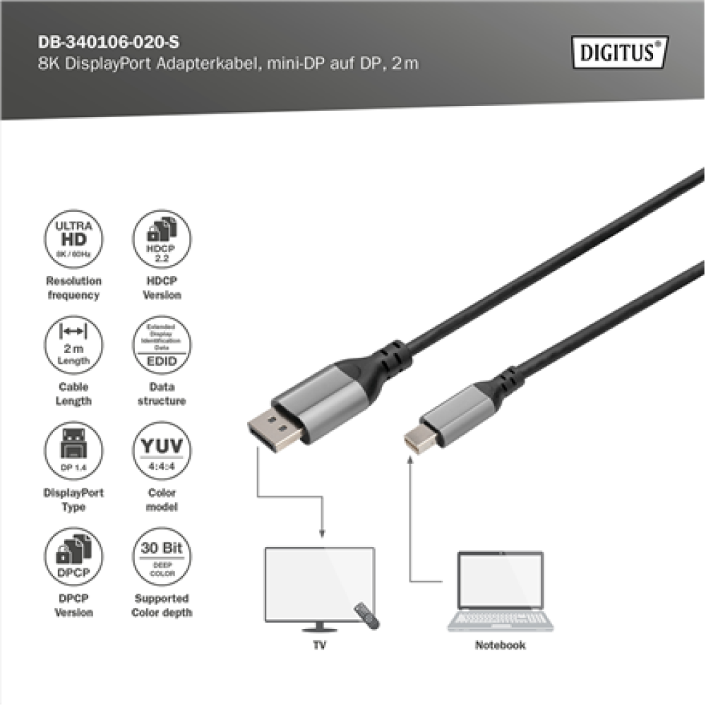 Digitus 8K DisplayPort Adapter Cable, Mini DP to DP, 2 m , DB-340106-020-S , DisplayPort to DisplayPort