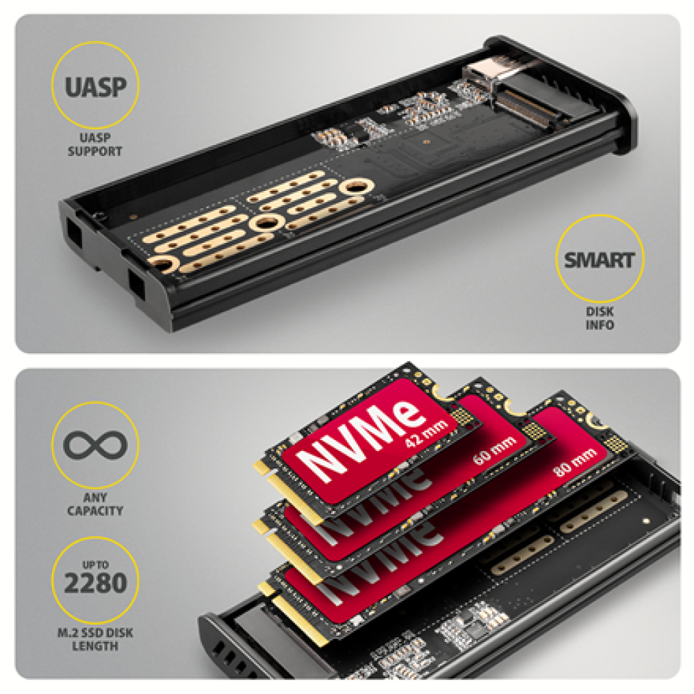 AXAGON USB-C 10Gbps - M.2 NVMe & SATA SSD DISPLAY box , EEM2-SD2B