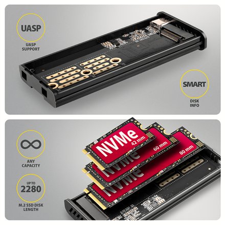 AXAGON USB-C 10Gbps - M.2 NVMe & SATA SSD DISPLAY box , EEM2-SD2B