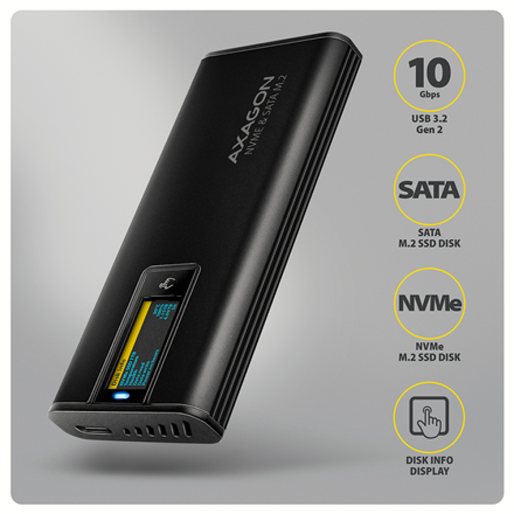 AXAGON USB-C 10Gbps - M.2 NVMe & SATA SSD DISPLAY box , EEM2-SD2B