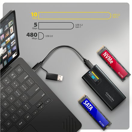 AXAGON USB-C 10Gbps - M.2 NVMe & SATA SSD DISPLAY box , EEM2-SD2B