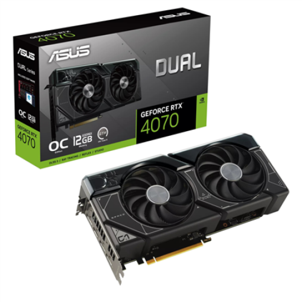 Asus DUAL-RTX4070-O12G NVIDIA 12 GB GeForce RTX 4070 GDDR6X PCI Express 4.0 HDMI ports quantity 2 Memory clock speed 21000 MHz