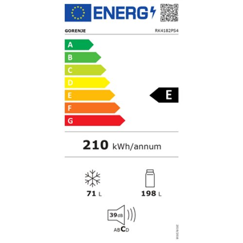 Gorenje Refrigerator , RK4182PS4 , Energy efficiency class E , Free standing , Combi , Height 180 cm , Fridge net capacity 198 L , Freezer net capacity 71 L , 39 dB , Grey