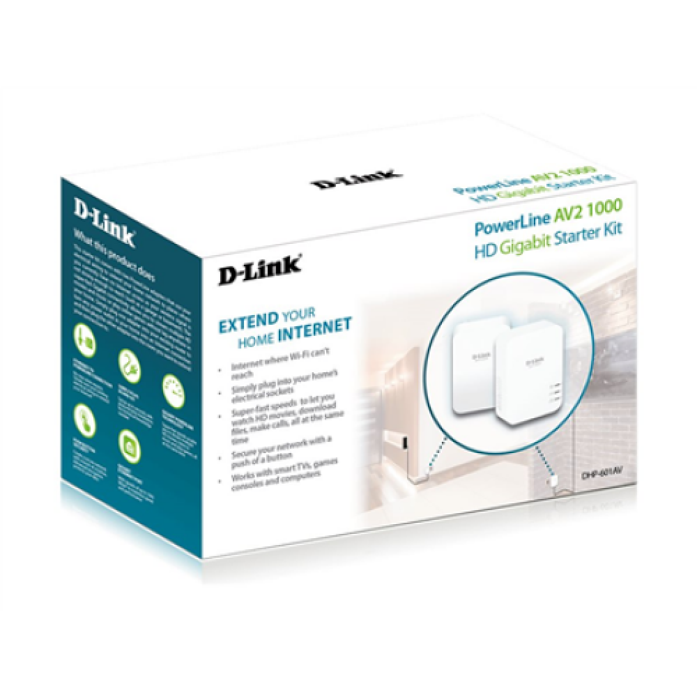 D-Link , PowerLine AV2 1000 HD Gigabit Starter Kit , DHP-601AV/E , 1000 Mbit/s , Ethernet LAN (RJ-45) ports 1 , No Wi-Fi , Extra socket