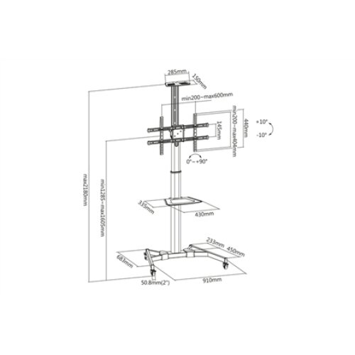 Digitus , Floor stand , TV-Cart for screens up to 70, max. 50kg wheelbase, VESA max. 600x400 , Tilt , 37-70 , Maximum weight (capacity) 50 kg , Black