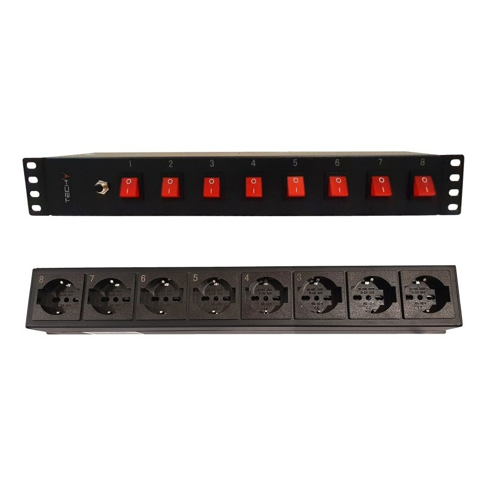 TECHLY 8 ways 19inch Rack Power Strip with 8 ON/OFF Switches 1.5U