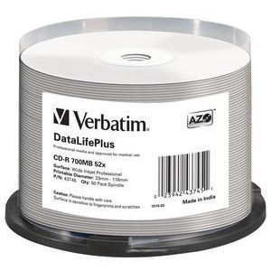 VERBATIM 43745 CD-R Verbatim 50pcs, 700MB, 52x, spindle WHITE WIDE PRINTABLE SURFACE