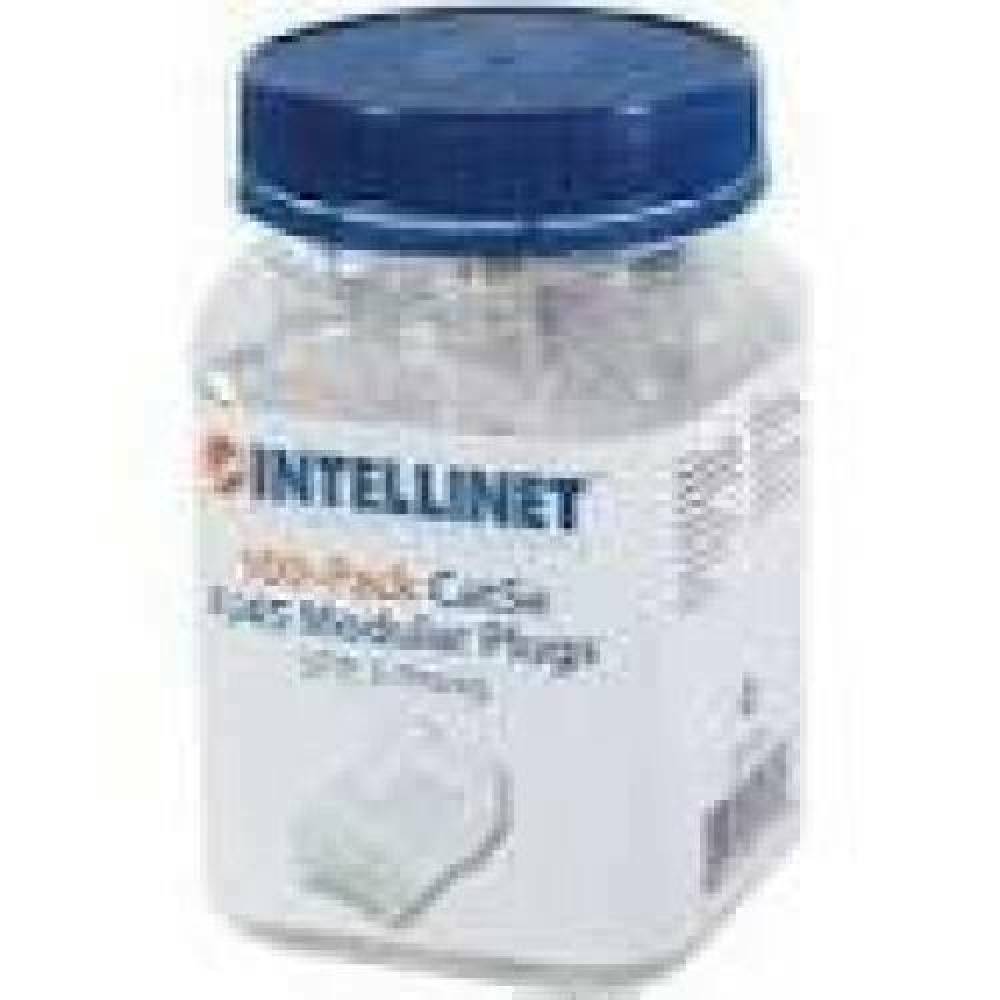 INTELLINET Cat5e RJ45 Modular Plugs UTP 3-prong for solid wire 100 plugs in jar