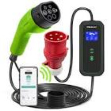 QOLTEC 52478 Mobile EV charger with adjustable 2in1 Type2 11kW CEE 5 PIN Wifi LCD 3 phase Portable Wallbox 5m