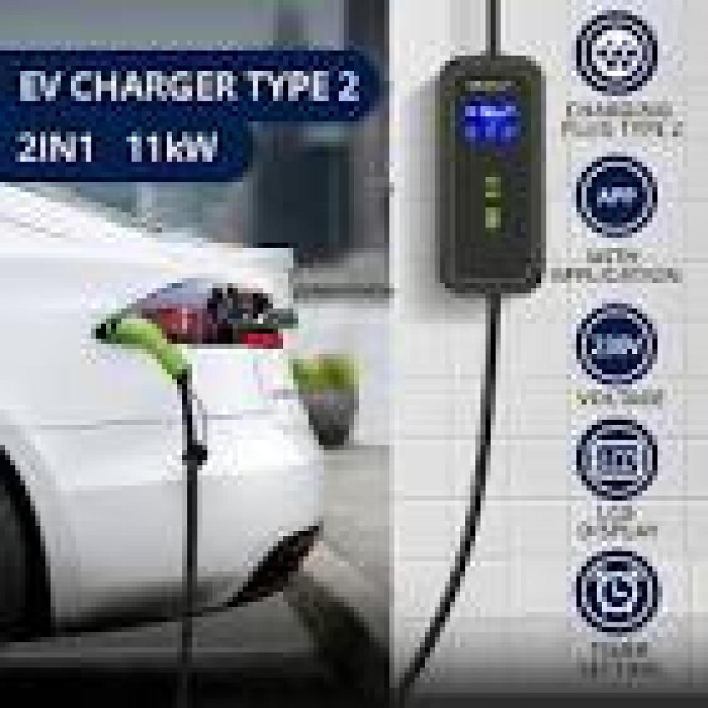 QOLTEC 52478 Mobile EV charger with adjustable 2in1 Type2 11kW CEE 5 PIN Wifi LCD 3 phase Portable Wallbox 5m