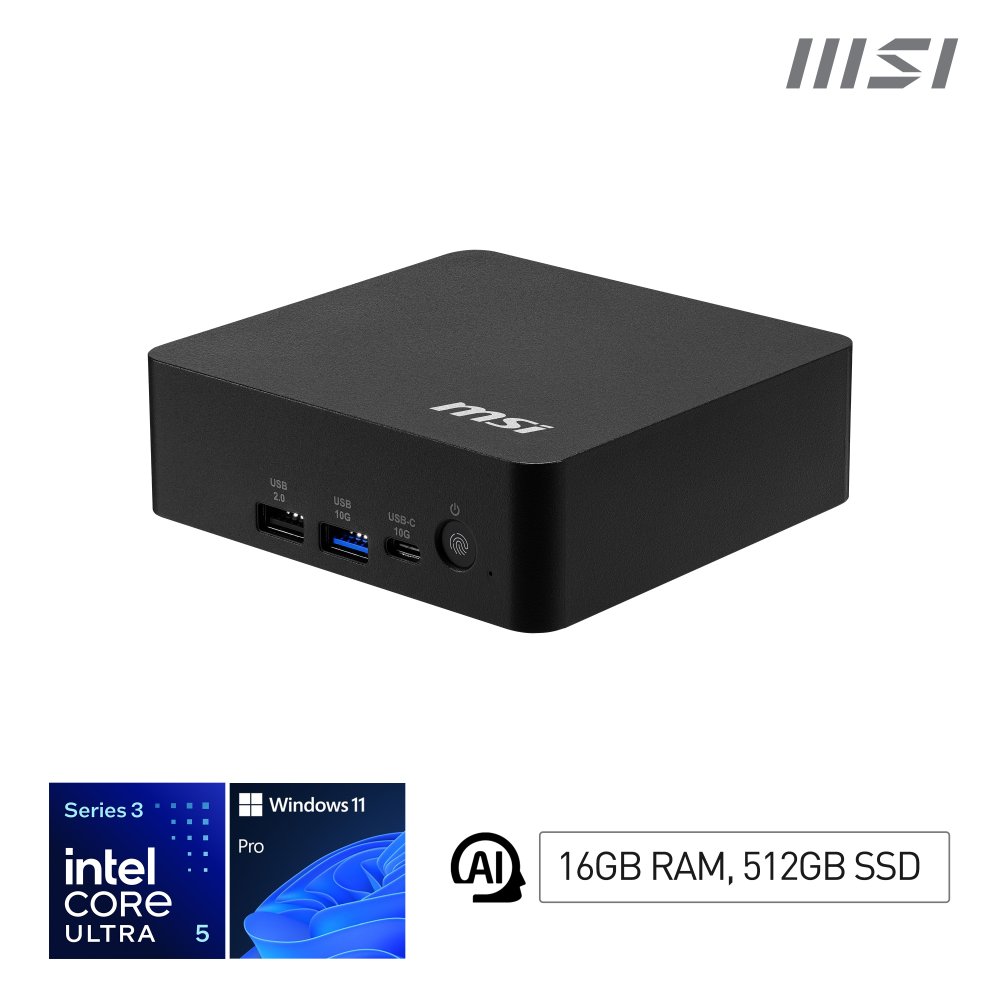 MSI Cubi NUC AI+ 3MG Copilot+ PC Ultra 5 322 RAM 16GB SSD 512GB Wi-Fi 7 Air Cooler PSU 120W LAN 2x VESA 2xHDMI USB Thunderbolt W11P