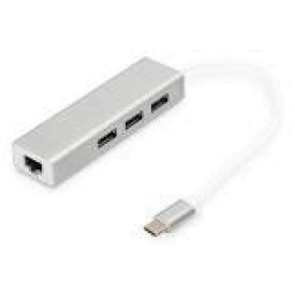 DIGITUS 3 Port USB 3.0 Type C Hub with Gigabit Ethernet 3xUSB A/F 1xUSB C/M 1xRJ45 LAN Supports Windows and Mac OS