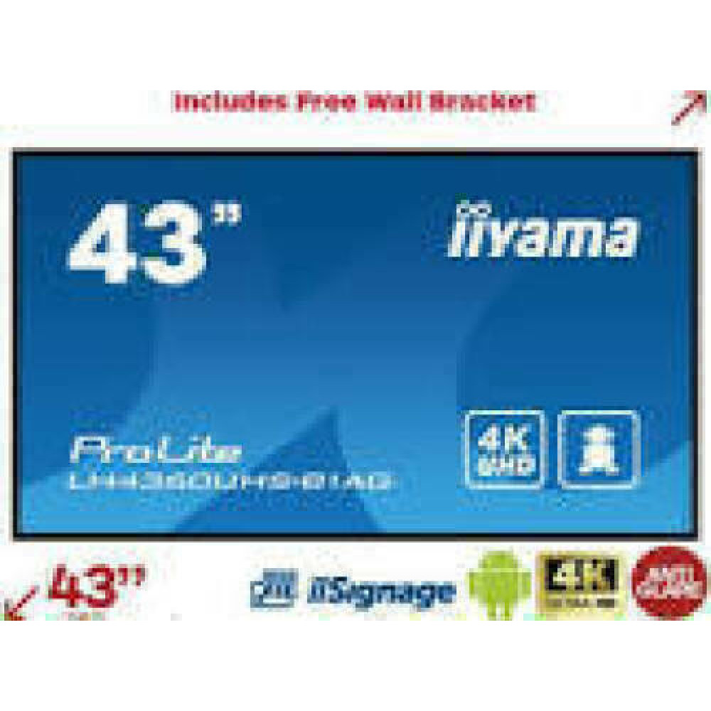 IIYAMA LH4360UHS-B1AG 43inch 3840x2160 UHD VA panel Haze 25perc 500cd/m Landscape and Portrait Wallmount Included