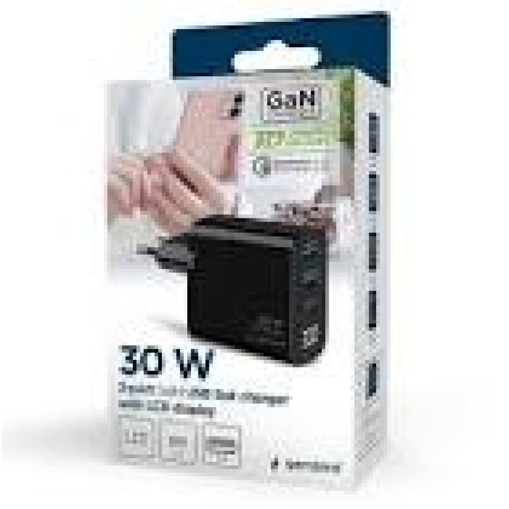 GEMBIRD 3-port 30W GaN USB fast charger 2x USB-A + USB -Type-C LCD black