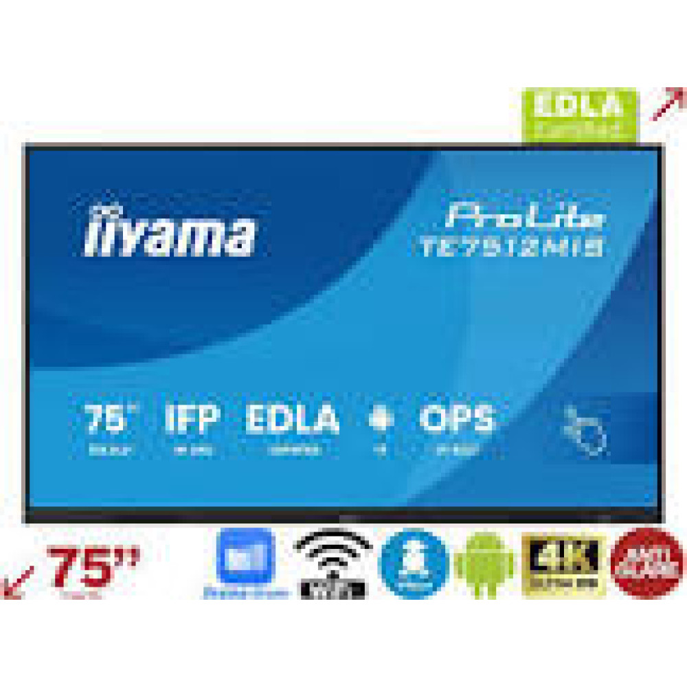 IIYAMA TE7512MIS-B4AG 75inch iiWare13E Android 14 EDLA/non-EDLA 8/128GB 40-Points PureTouch IR with Zero Gap