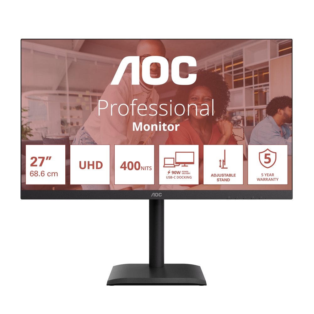 AOC U27E4CV 27inch 3840x2160 60Hz IPS Flat H/A 150MM USB C DOCKING 90W Adaptive Sync EyeComfort 3.0 USB HUB SPEAKER