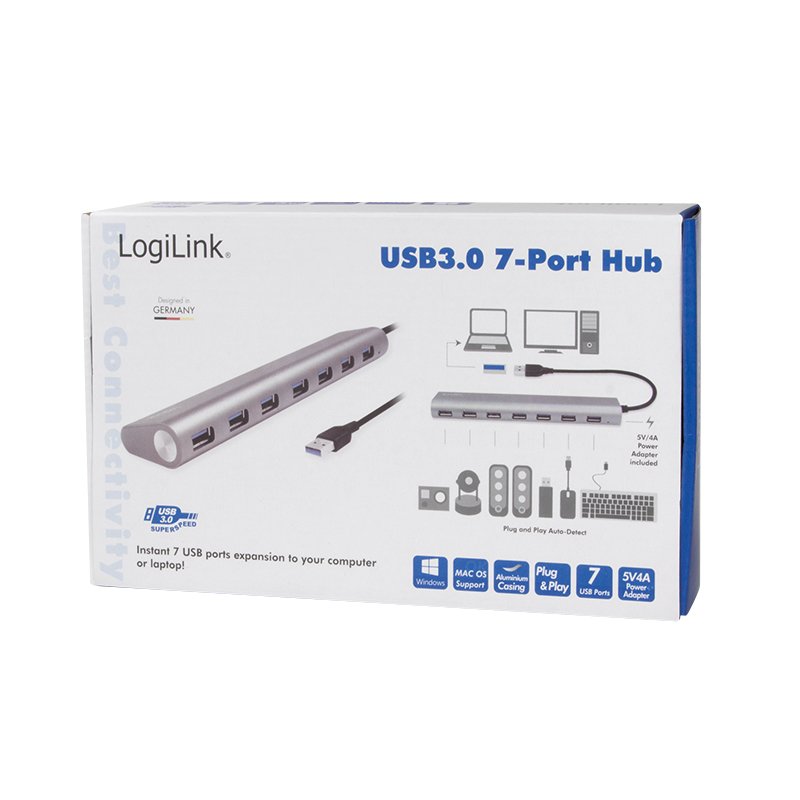 LOGILINK UA0308 - USB 3.0 hub 7 port with card reader aluminum casing grey