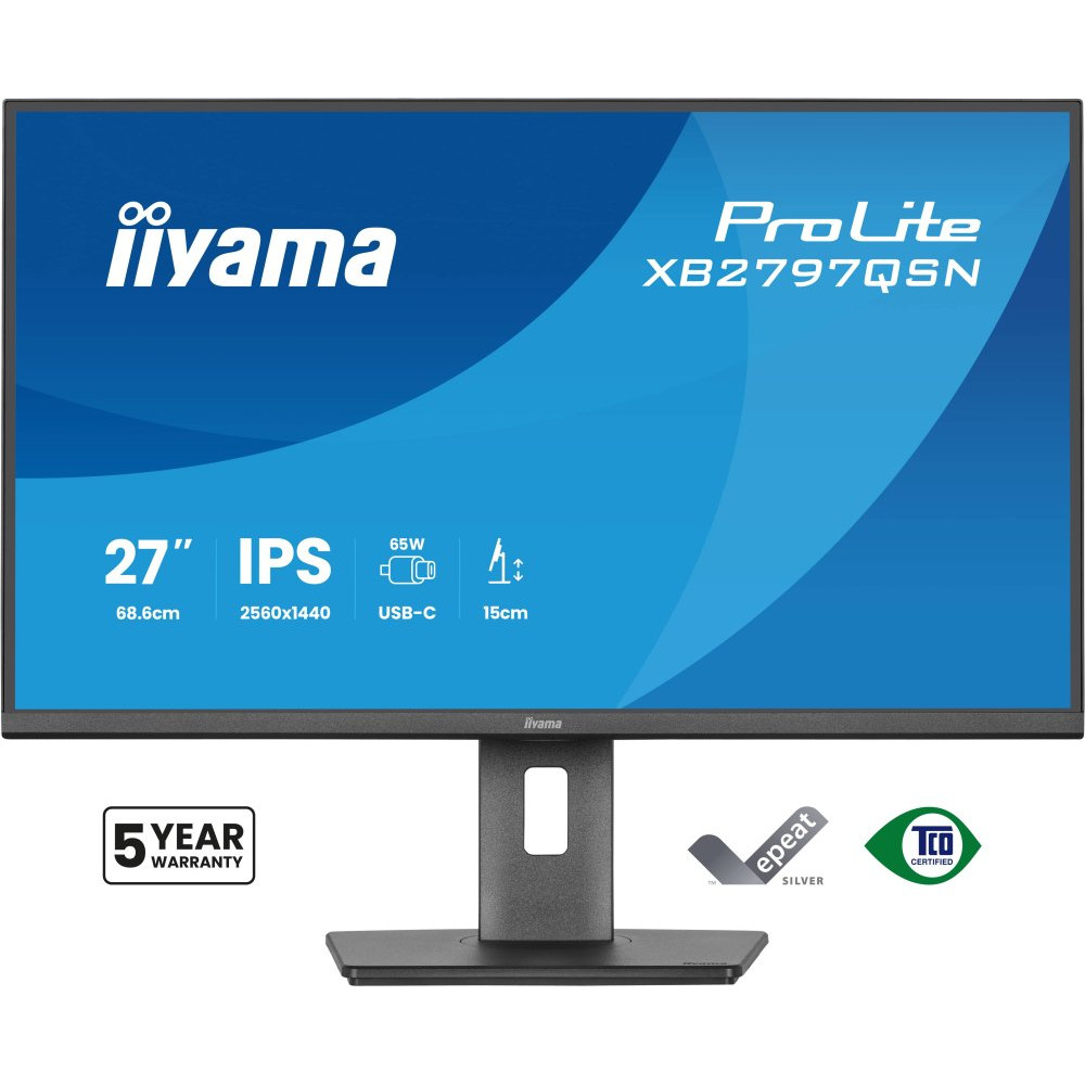 IIYAMA XB2797QSN-B1 27inch IPS-panel 2560x1440 EyeComfort 15cm Height Adj. Stand USB-C Dock LAN/65W PD/DP-OUT USB v.3.2 1ms