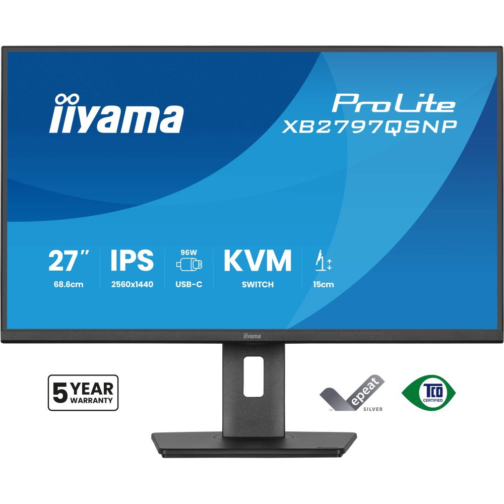 IIYAMA XB2797QSNP-B1 27inch IPS-panel 2560x1440 EyeComfort 15cm Height Adj. Stand USB-C Dock LAN/96W PD/DP-OUT USB v.3.2 1ms