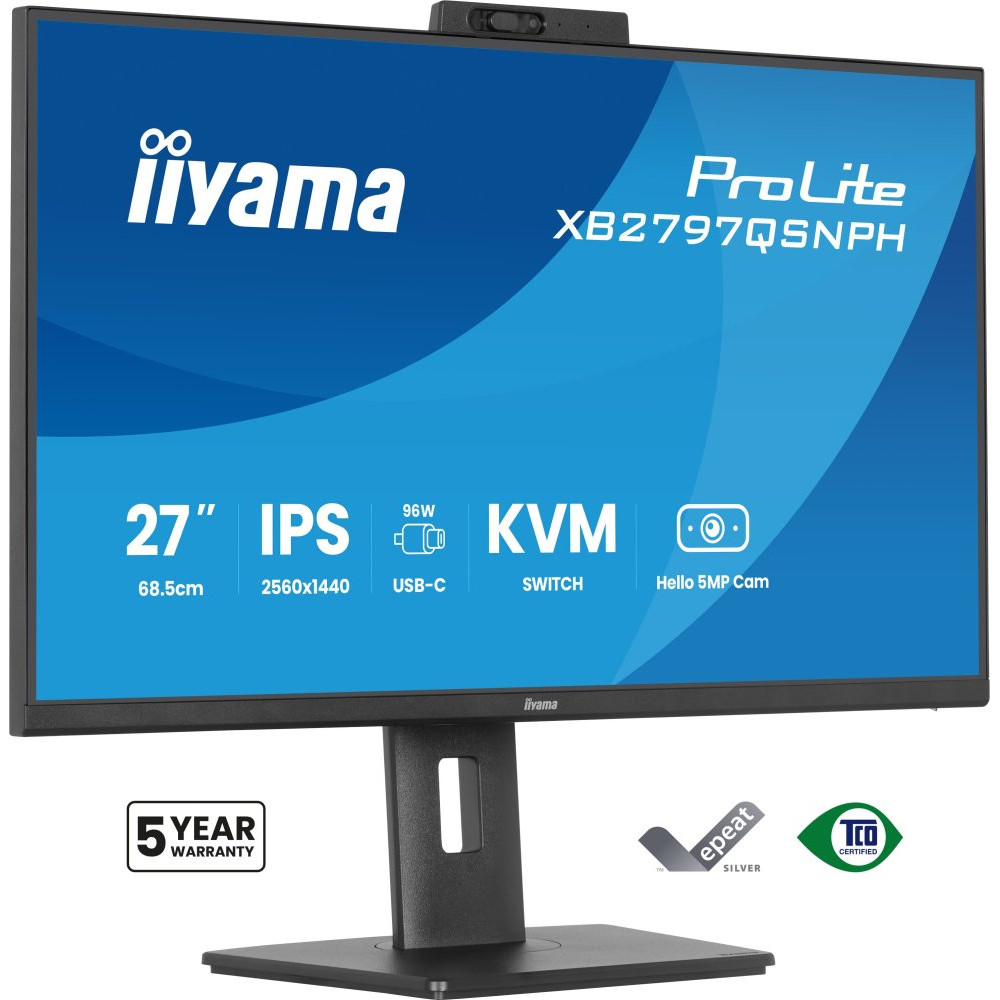 IIYAMA XB2797QSNPH-B1 27inch IPS QHD EyeComfort 15cm Height Adj. Stand USB-C Dock LAN/96W PD/DP-OUT Webcam 5MP Windows Hello 1ms