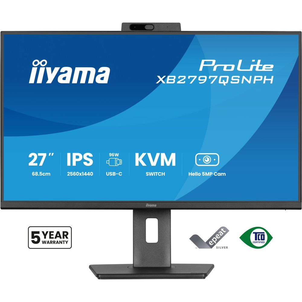 IIYAMA XB2797QSNPH-B1 27inch IPS QHD EyeComfort 15cm Height Adj. Stand USB-C Dock LAN/96W PD/DP-OUT Webcam 5MP Windows Hello 1ms