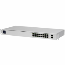 Ubiquiti USW-16-PoE 16-port Layer 2 PoE switch, 8 x GbE PoE+, 8 x GbE ports, 2 x 1G SFP ports, 42W total PoE Power, fanless, silent cooling, ESD/EMP protection, 1.3" touchscreen LCM display, Rackmount (Kit included)