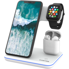 CANYON WS-302, 3in1 Wireless charger, with touch button for Running water light, Input 9V/2A, 12V/2A, Output 15W/10W/7.5W/5W, Type c to USB-A cable length 1.2m, 137*103*140mm, 0.22Kg, White