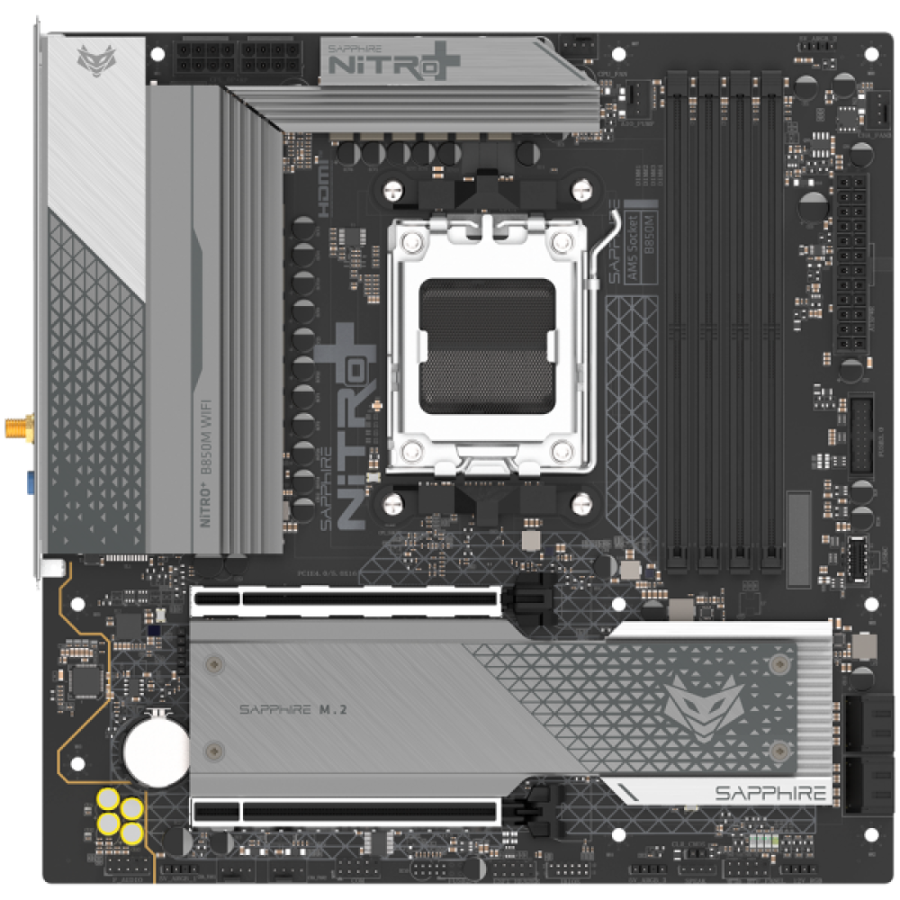 SAPPHIRE AMD B850M AM5 NITRO+ Ryzen R9/R7/R5, 4x DDR5 8000MHz, PCIE 5, 1x M.2 Gen5, 1x M.2 Gen4, LAN 2.5 Gbps, WIFI6, USB, MATX 52123-01-40G