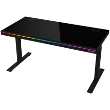 Dual-motor sit/stand adjustable-height gaming desk with wireless charger, RGB lighting, control panel, and USB ports, solid tempered glass tabletop, black.
