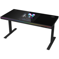 Dual-motor sit/stand adjustable-height gaming desk with built-in PC case, wireless charger, RGB lighting, control panel, and USB ports, tempered glass tabletop, black.