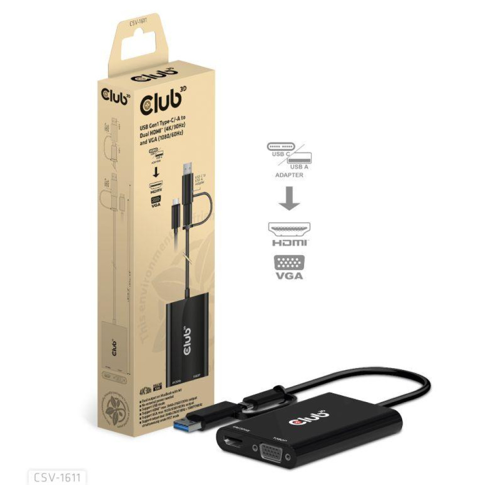I/O ADAPTER USB-C TO HDMI/VGA/CSV-1611 CLUB3D I/O ADAPTER USB-C TO HDMI/VGA/CSV-1611 CLUB3D