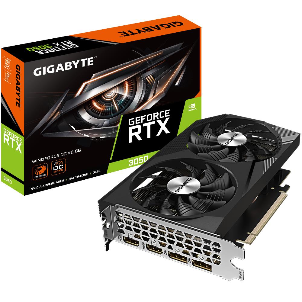 Graphics Card, GIGABYTE, NVIDIA GeForce RTX 3050, 8 GB, GDDR6, 128 bit, PCIE 4.0 16x, Memory 14000 MHz, 2xHDMI, 2xDisplayPort, GV-N3050WF2OCV2-8GD Graphics Card, GIGABYTE, NVIDIA GeForce RTX 3050, 8 GB, GDDR6, 128 bit, PCIE 4.0 16x, Memory 14000 MHz, 2xHDMI, 2xDisplayPort, GV-N3050WF2OCV2-8GD