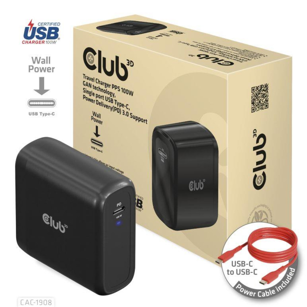 MOBILE TRAVEL CHARGER USB-C/100W CAC-1908EU CLUB3D MOBILE TRAVEL CHARGER USB-C/100W CAC-1908EU CLUB3D