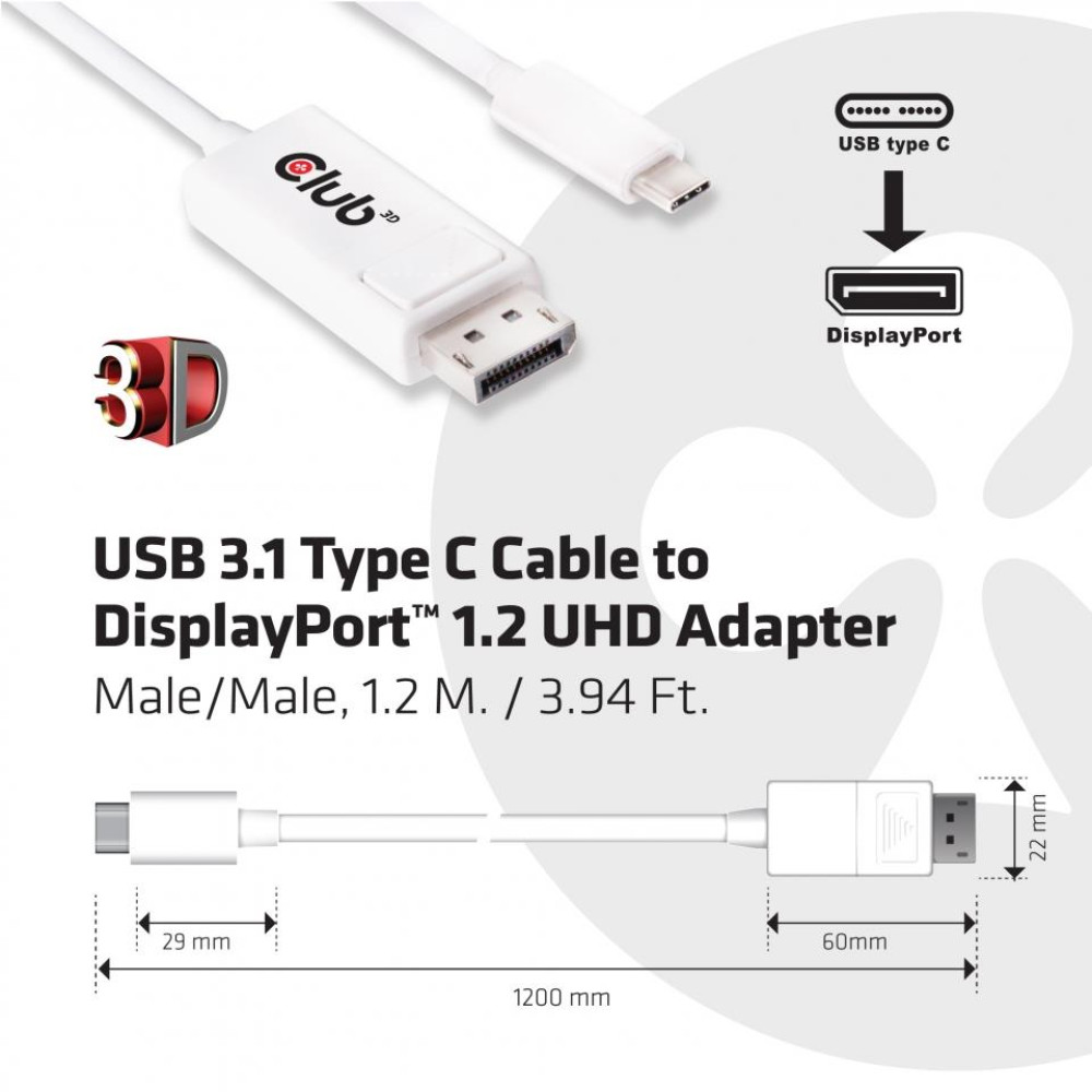 CABLE USB-C TO DP 1.2M/M/M CAC-1517 CLUB3D CABLE USB-C TO DP 1.2M/M/M CAC-1517 CLUB3D