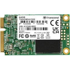 SSD, TRANSCEND, 64GB, mSATA, SATA 3.0, 3D NAND, Write speed 200 MBytes/sec, Read speed 350 MBytes/sec, TBW 35 TB, MTBF 200000 hours, TS64GMSA230S