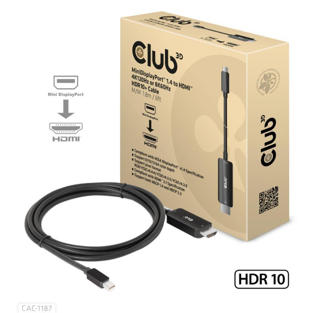 CABLE MINIDP TO HDMI 1.8M/M/M CAC-1187 CLUB3D CABLE MINIDP TO HDMI 1.8M/M/M CAC-1187 CLUB3D