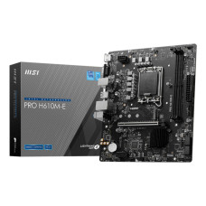 Mainboard, MSI, Intel H610, LGA1700, Micro-ATX, Memory DDR5, Memory slots 2, 1xPCI-Express 1x, 1xPCI-Express 16x, 1xM.2, 1x15pin D-sub, 1xHDMI, 4xUSB 2.0, 2xUSB 3.2, 1xPS/2, 1xRJ45, 3xAudio port, PROH610M-E Mainboard, MSI, Intel H610, LGA1700, Micro-ATX, Memory DDR5, Memory slots 2, 1xPCI-Express 1x, 1xPCI-Express 16x, 1xM.2, 1x15pin D-sub, 1xHDMI, 4xUSB 2.0, 2xUSB 3.2, 1xPS/2, 1xRJ45, 3xAudio port, PROH610M-E