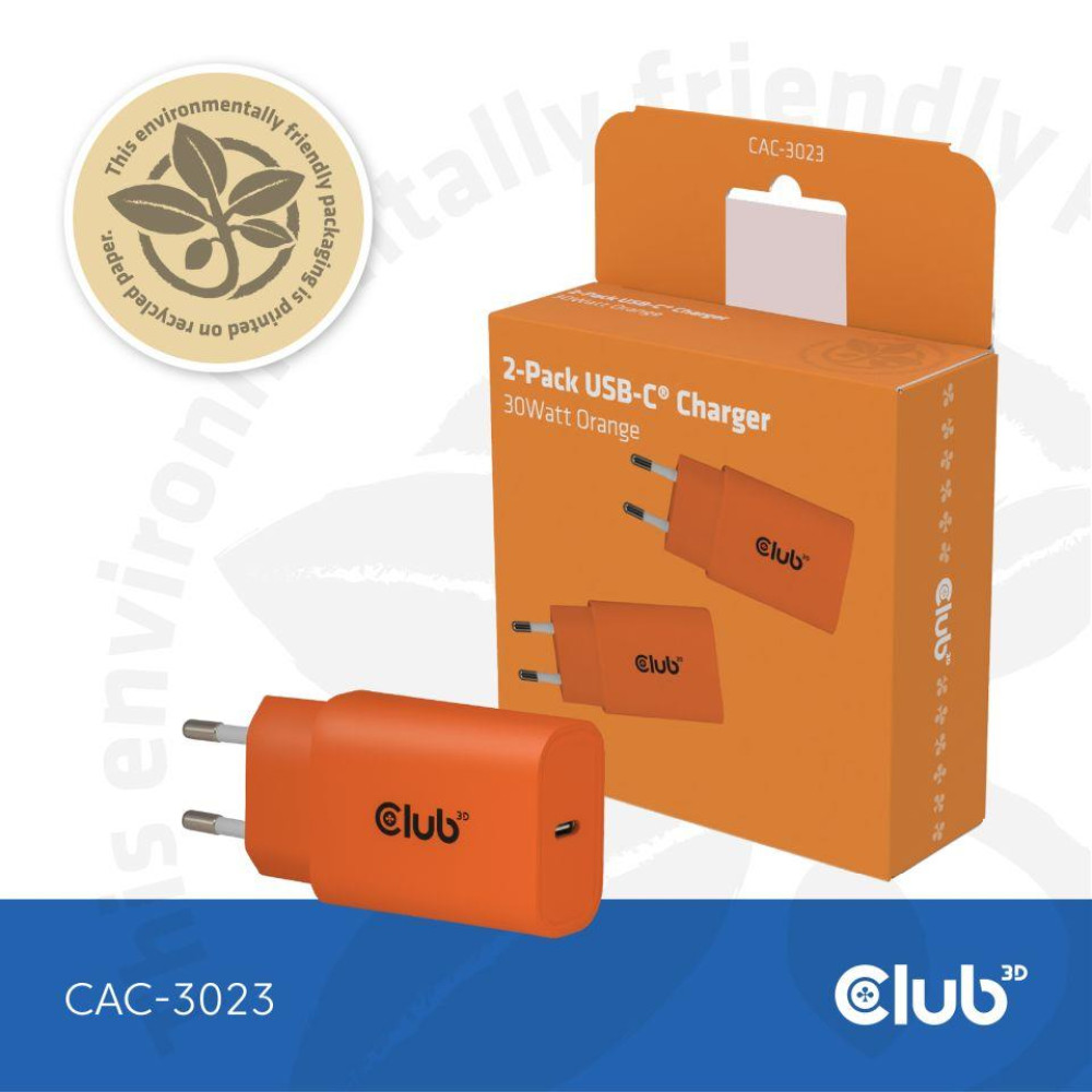 MOBILE CHARGER WALL USB-C/2PK 30W ORANGE CAC-3023 CLUB3D MOBILE CHARGER WALL USB-C/2PK 30W ORANGE CAC-3023 CLUB3D