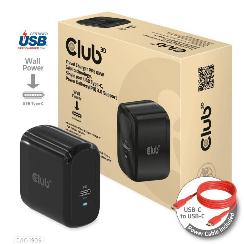 MOBILE TRAVEL CHARGER USB-C/PPS 65W CAC-1905EU CLUB3D MOBILE TRAVEL CHARGER USB-C/PPS 65W CAC-1905EU CLUB3D