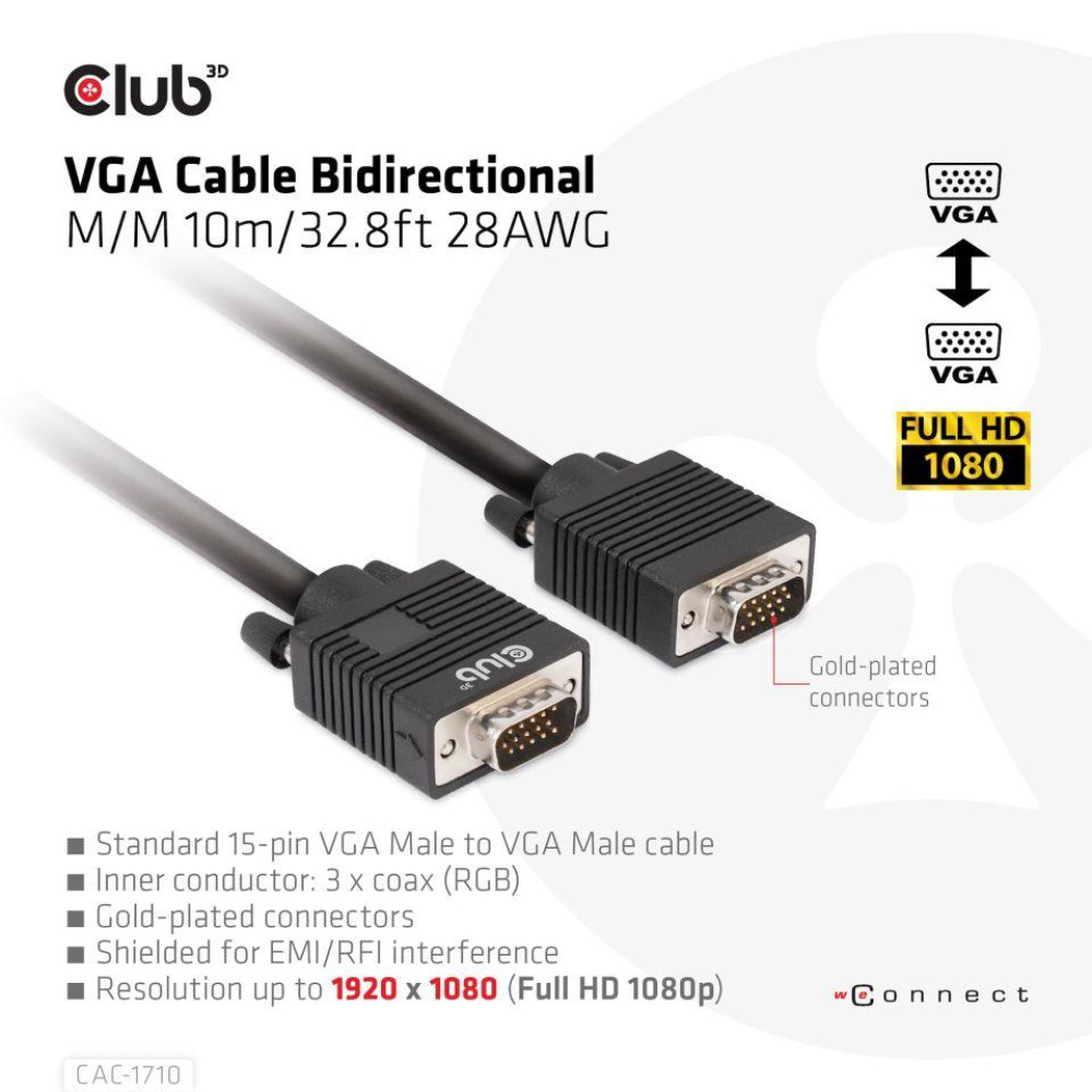 CABLE VGA TO VGA 10M/M/M CAC-1710 CLUB3D CABLE VGA TO VGA 10M/M/M CAC-1710 CLUB3D