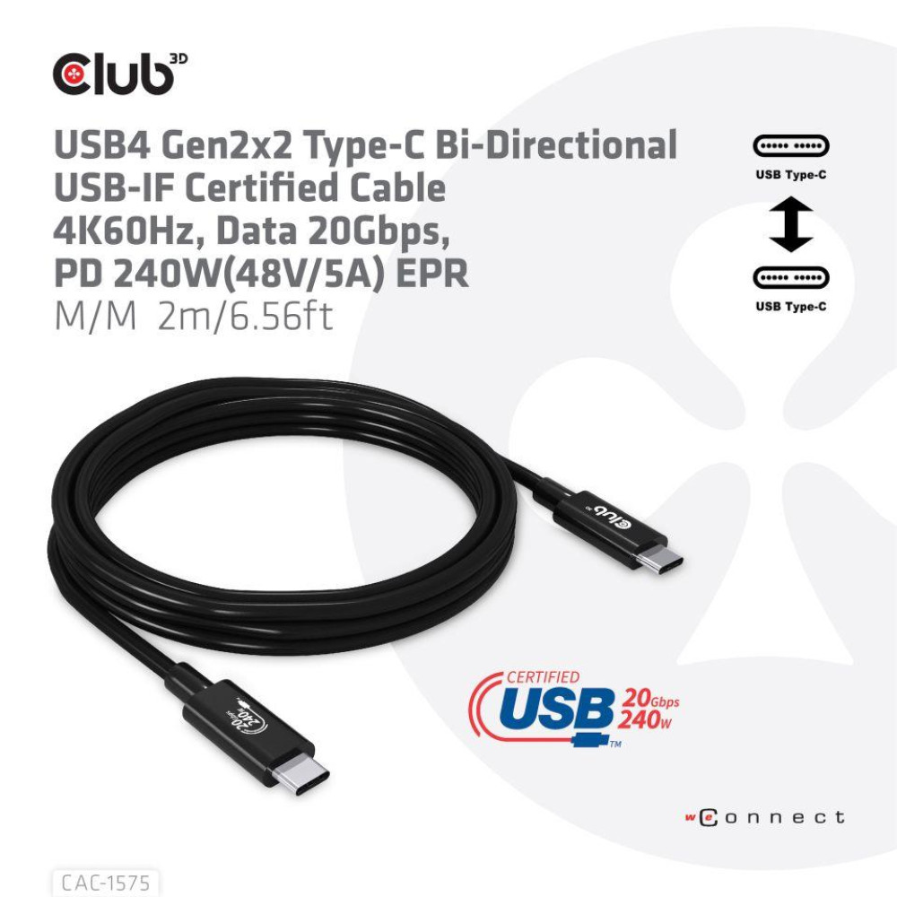 CABLE USB-C TO USB-C 2M/M/M CAC-1575 CLUB3D CABLE USB-C TO USB-C 2M/M/M CAC-1575 CLUB3D