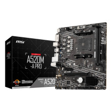 Mainboard, MSI, AMD A520, SAM4, MicroATX, 1xPCI-Express 3.0 1x, 1xPCI-Express 3.0 16x, 1xM.2, Memory DDR4, Memory slots 2, 1xDVI, 1xHDMI, 2xAudio-Out, 2xUSB 2.0, 4xUSB 3.2, 1xRJ45, A520M-APRO